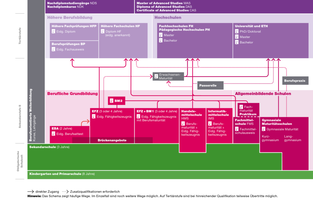 Die Visualisierung zeigt die Möglichkeiten des Bildungssystems modellhaft dar. Von unten nach oben werden die Stationen von Volksschule mit Kindergarten, Primarschule und Sekundarstufe I hin zu der Sekundarstufe II.